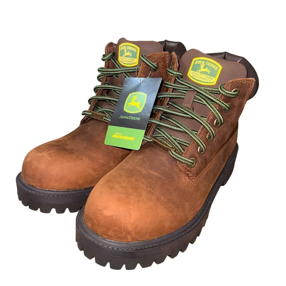 NEW John Deere Skechers Sergeants-Dozer Mens 8.5 Boots Brown Waterproof Leather